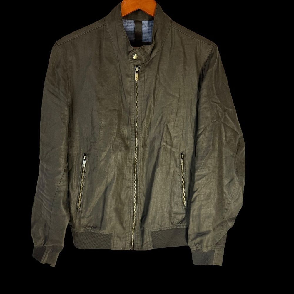 Massimo Dutti Mens‎ Olive Green Coated Bomber Jacket Stand Collar Full Zip